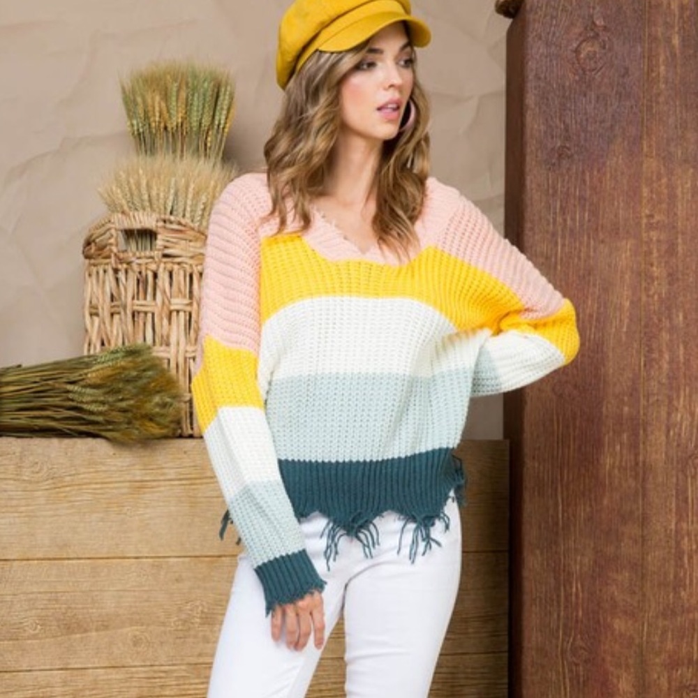 Spring ColorBlock Frayed Oversized Slouchy Sweater - Picture 6 of 9